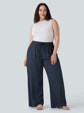 NWT LADIES SIZE 1X HALARA BLUE LINEN FEEL DRAWSTRING HIGH WAISTED WIDE LEG PANTS